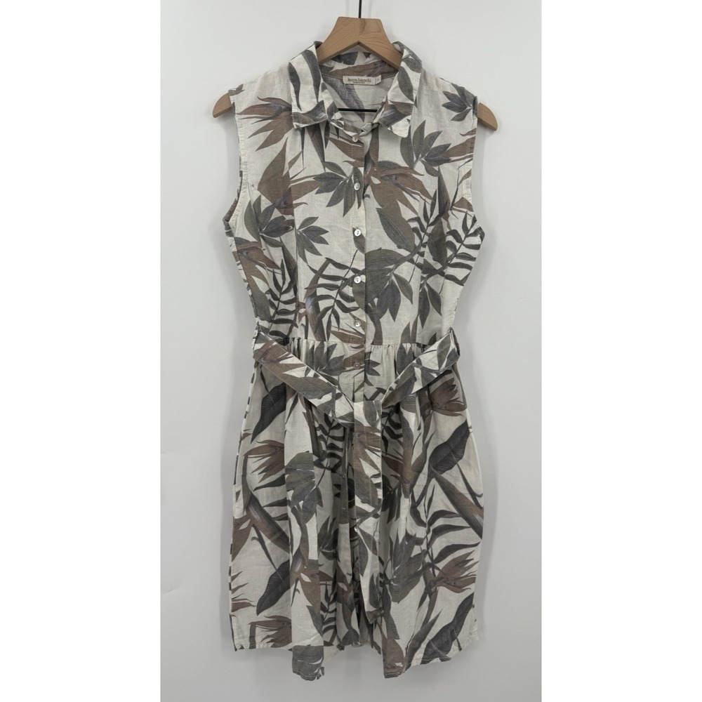 Laura Bianchi Dress Women Small Beige Brown Floral 100% Linen Made Italy‎ Boho